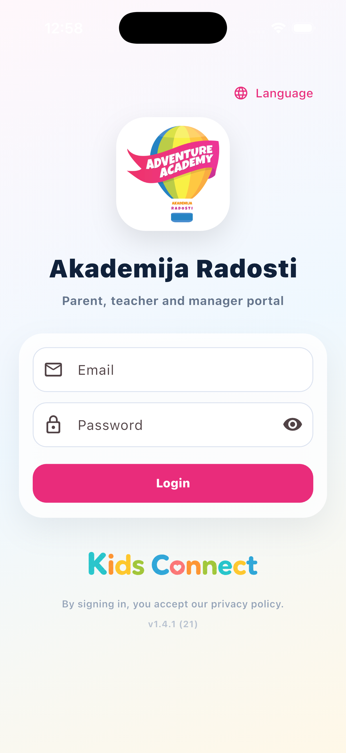 Kids Connect mobil uygulaması giriş ekranı